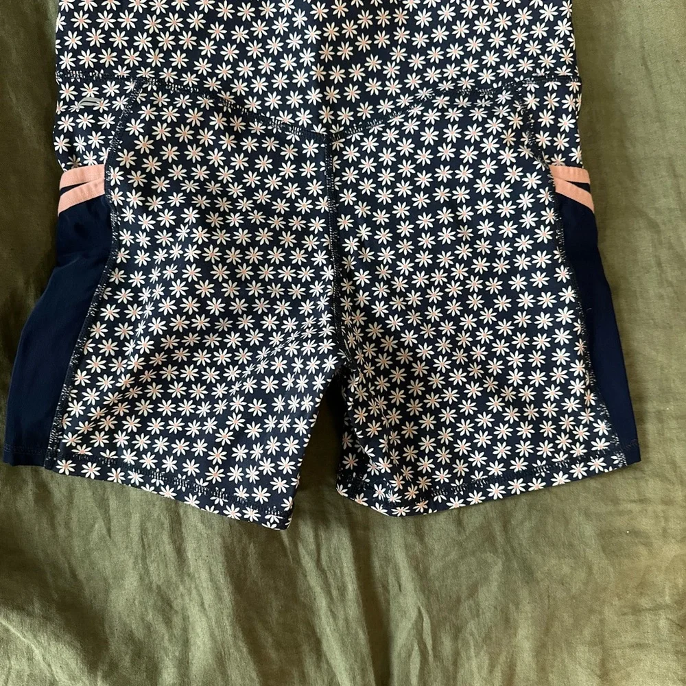 Fabletics Navy Floral High-Waist 4” Shorts with Pink Accents on Side Pockets